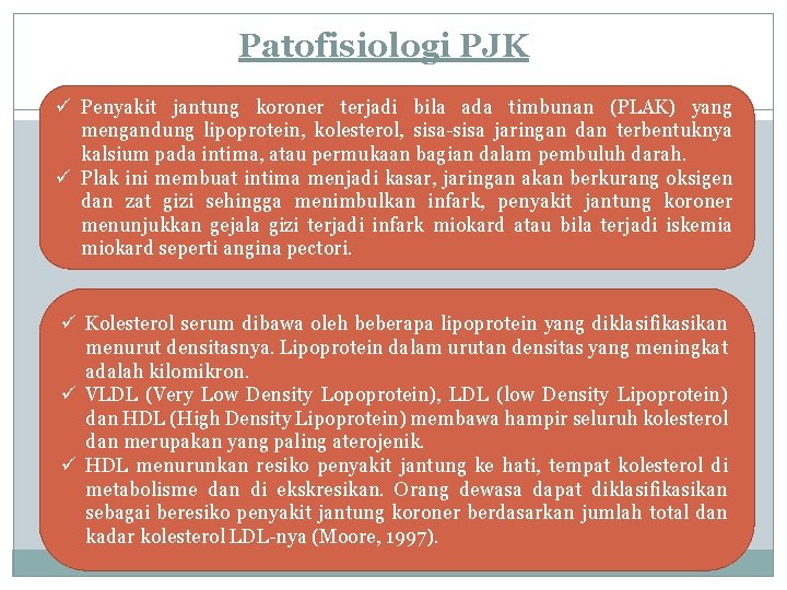 Patofisiologi PJK ü Penyakit jantung koroner terjadi bila ada timbunan (PLAK) yang mengandung lipoprotein,