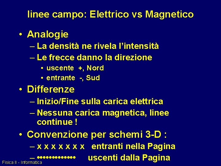 linee campo: Elettrico vs Magnetico • Analogie – La densità ne rivela l’intensità –