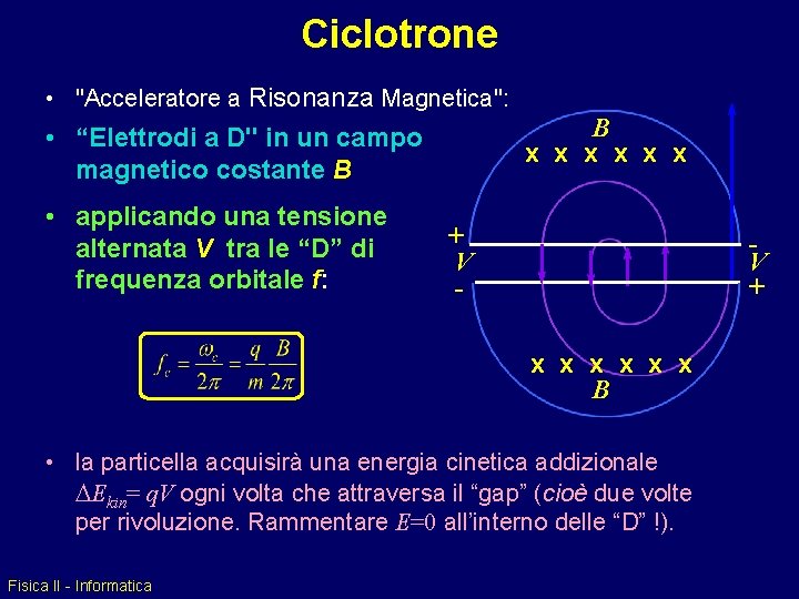 Ciclotrone • "Acceleratore a Risonanza Magnetica": B x x x • “Elettrodi a D"