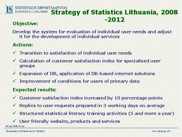 Objective: Strategy of Statistics Lithuania, 2008 -2012 Develop the system for evaluation of individual Objective: Strategy of Statistics Lithuania, 2008 -2012 Develop the system for evaluation of individual