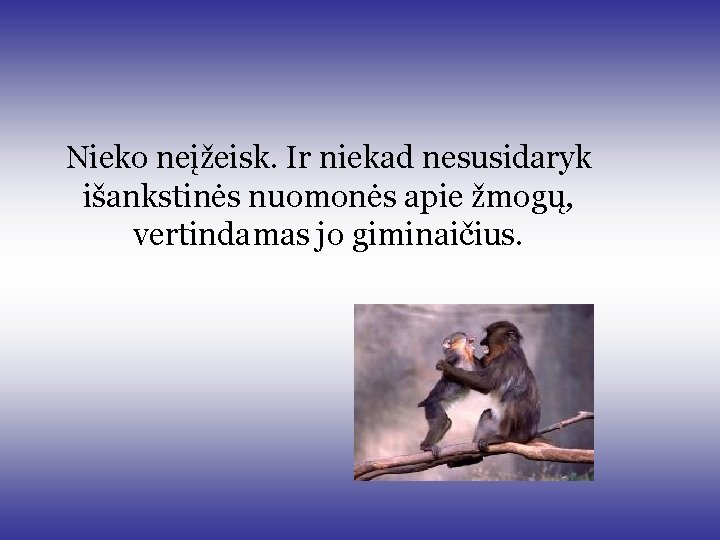 Nieko neįžeisk. Ir niekad nesusidaryk išankstinės nuomonės apie žmogų, vertindamas jo giminaičius. Nieko neįžeisk. Ir niekad nesusidaryk išankstinės nuomonės apie žmogų, vertindamas jo giminaičius.