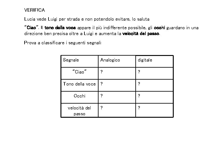 VERIFICA Lucia vede Luigi per strada e non potendolo evitare, lo saluta “Ciao”. Il