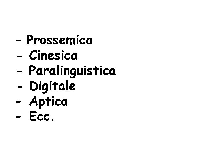 - Prossemica - Cinesica - Paralinguistica - Digitale - Aptica - Ecc. 