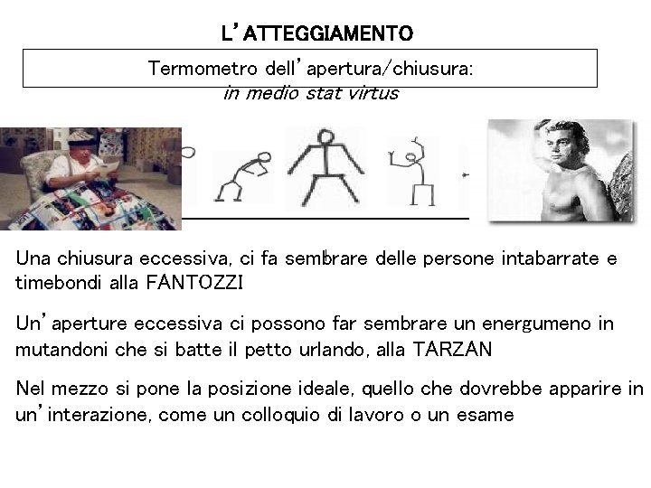 L’ATTEGGIAMENTO Termometro dell’apertura/chiusura: in medio stat virtus Una chiusura eccessiva, ci fa sembrare delle