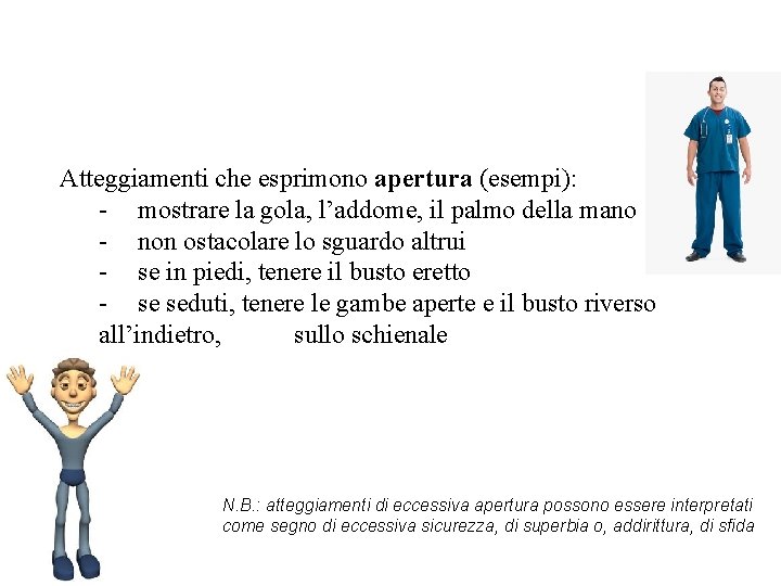 Atteggiamenti che esprimono apertura (esempi): - mostrare la gola, l’addome, il palmo della mano