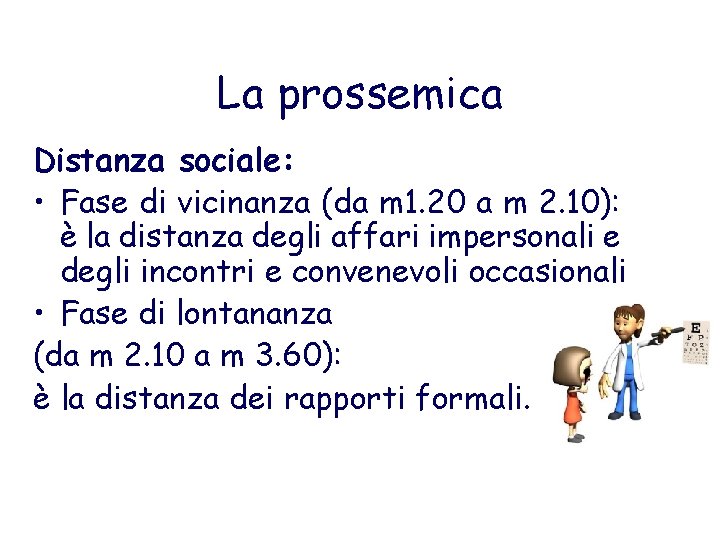 La prossemica Distanza sociale: • Fase di vicinanza (da m 1. 20 a m