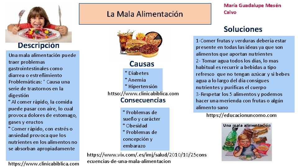 María Guadalupe Mesén Calvo La Mala Alimentación Soluciones Descripción Una mala alimentación puede traer