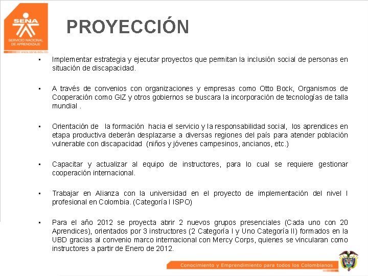 PROYECCIÓN • Implementar estrategia y ejecutar proyectos que permitan la inclusión social de personas