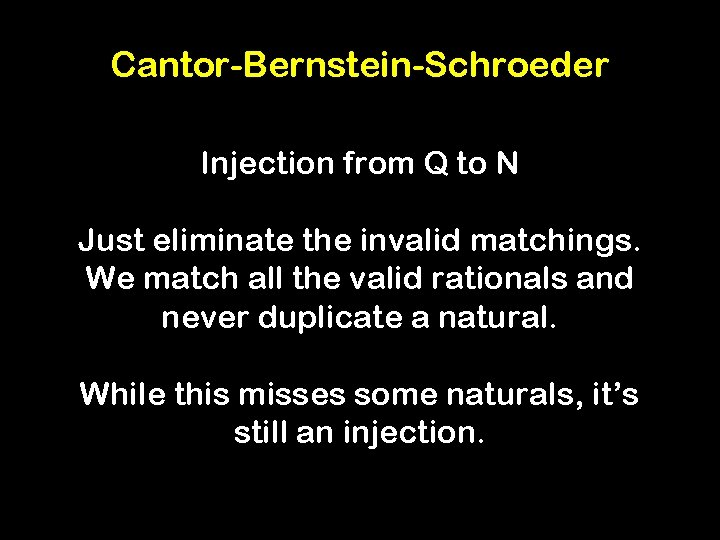 Cantor-Bernstein-Schroeder Injection from Q to N Just eliminate the invalid matchings. We match all