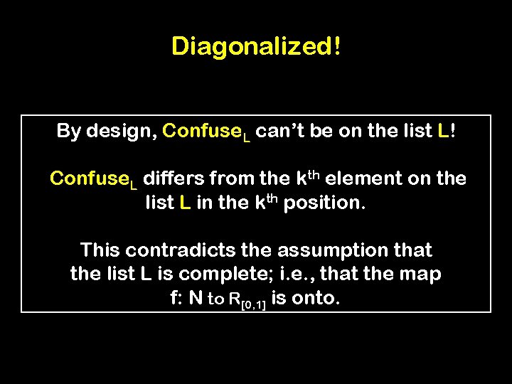 Diagonalized! By design, Confuse. L can’t be on the list L! Confuse. L differs