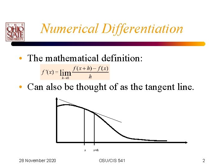 Numerical Differentiation • The mathematical definition: • Can also be thought of as the
