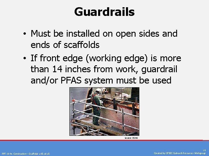 Guardrails • Must be installed on open sides and ends of scaffolds • If