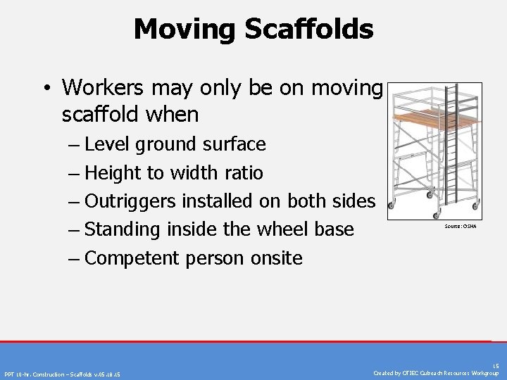 Moving Scaffolds • Workers may only be on moving scaffold when – Level ground