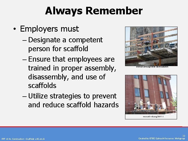 Always Remember • Employers must – Designate a competent person for scaffold – Ensure