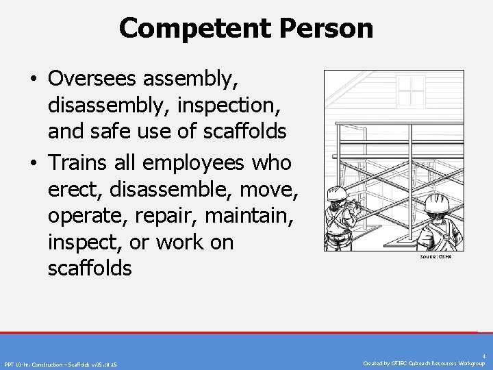 Competent Person • Oversees assembly, disassembly, inspection, and safe use of scaffolds • Trains