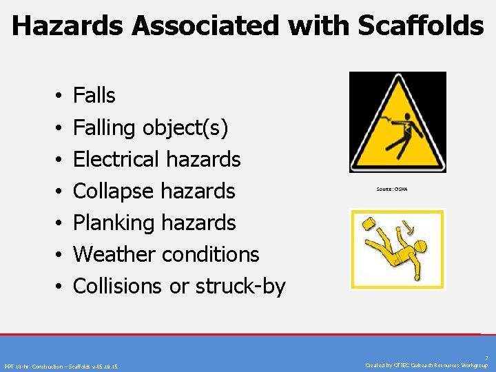 Hazards Associated with Scaffolds • • Falls Falling object(s) Electrical hazards Collapse hazards Planking