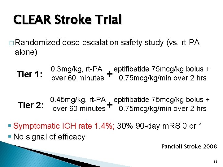 CLEAR Stroke Trial � Randomized dose-escalation safety study (vs. rt-PA alone) Tier 1: 0.