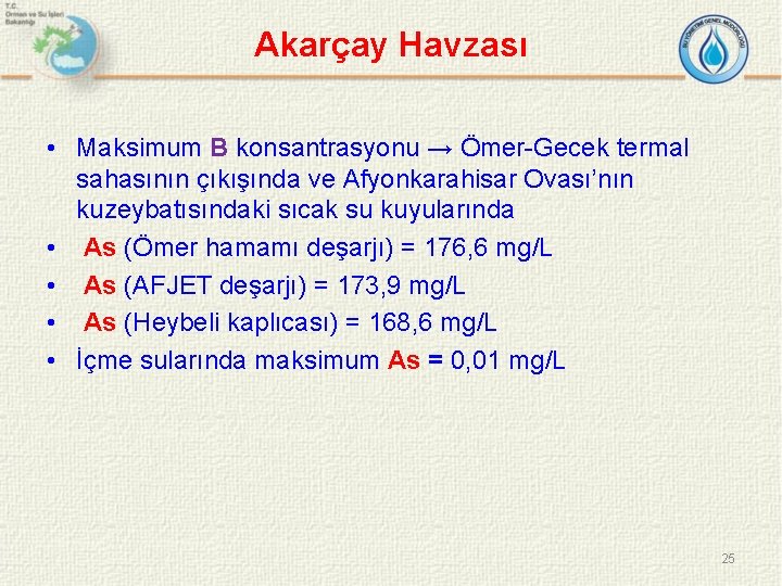 Akarçay Havzası • Maksimum B konsantrasyonu → Ömer-Gecek termal sahasının çıkışında ve Afyonkarahisar Ovası’nın