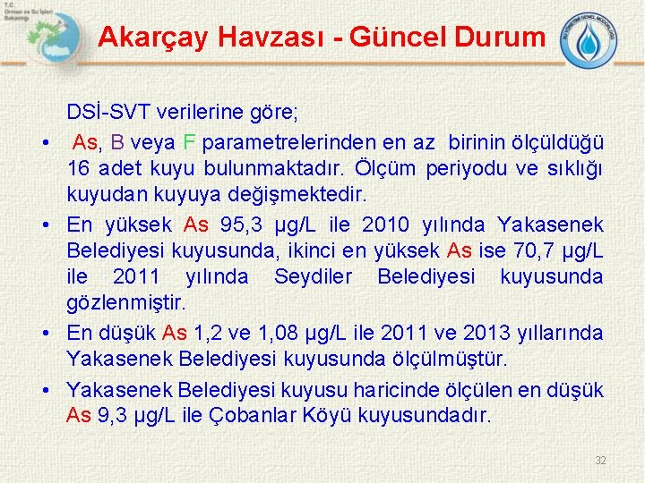 Akarçay Havzası - Güncel Durum • • DSİ-SVT verilerine göre; As, B veya F
