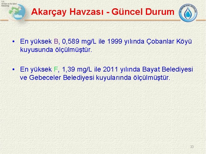 Akarçay Havzası - Güncel Durum • En yüksek B, 0, 589 mg/L ile 1999