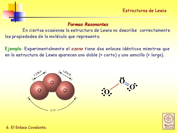 Estructuras de Lewis Formas Resonantes En ciertas ocasiones la estructura de Lewis no describe