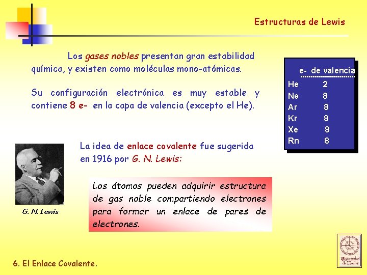 Estructuras de Lewis Los gases nobles presentan gran estabilidad química, y existen como moléculas