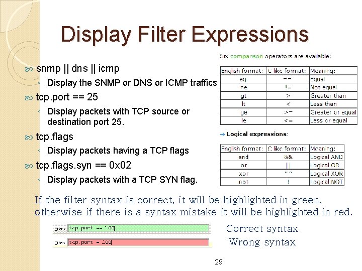 Display Filter Expressions snmp || dns || icmp ◦ Display the SNMP or DNS