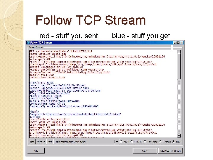 Follow TCP Stream red - stuff you sent blue - stuff you get Follow TCP Stream red - stuff you sent blue - stuff you get