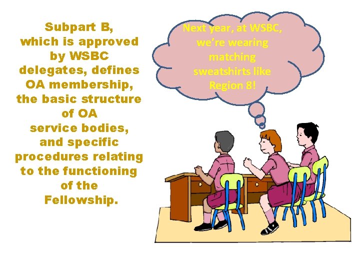 Subpart B, which is approved by WSBC delegates, defines OA membership, the basic structure