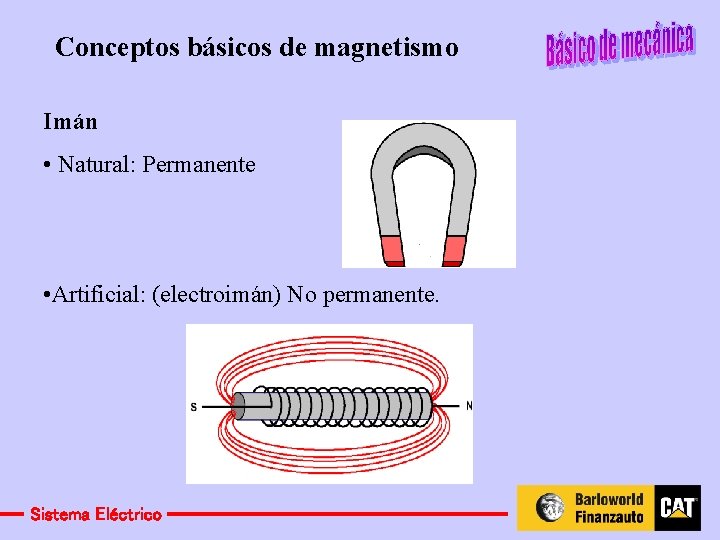 Conceptos básicos de magnetismo Imán • Natural: Permanente • Artificial: (electroimán) No permanente. Sistema