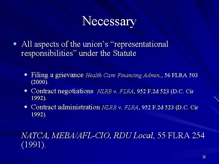 Necessary § All aspects of the union’s “representational responsibilities” under the Statute § Filing