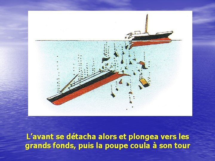 L’avant se détacha alors et plongea vers les grands fonds, puis la poupe coula