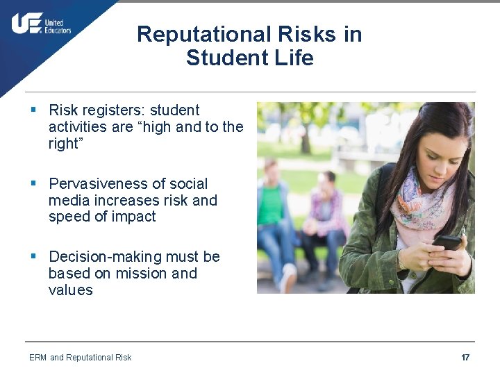 Reputational Risks in Student Life § Risk registers: student activities are “high and to