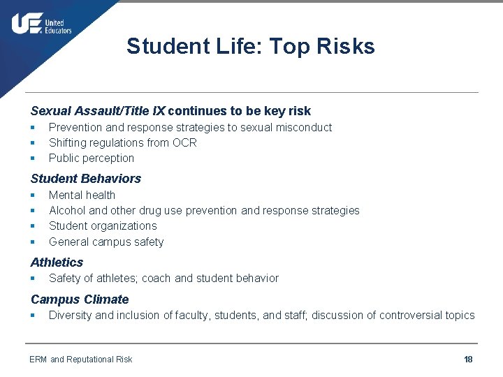 Student Life: Top Risks Sexual Assault/Title IX continues to be key risk § §