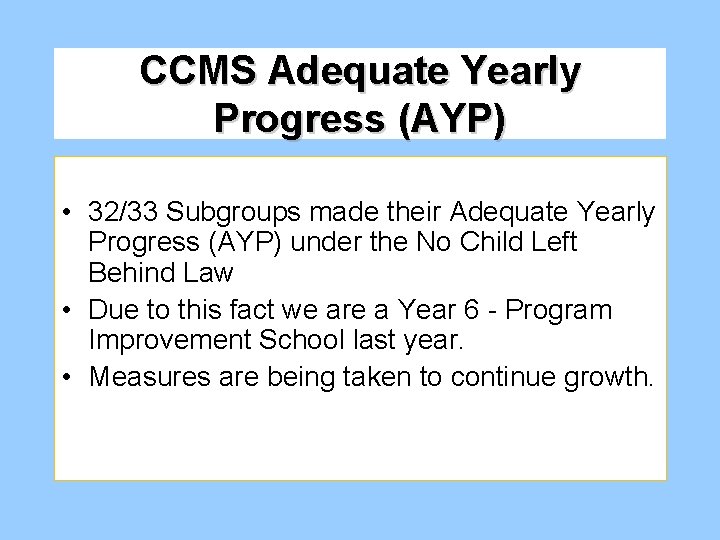 CCMS Adequate Yearly Progress (AYP) • 32/33 Subgroups made their Adequate Yearly Progress (AYP)