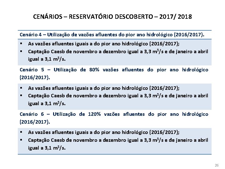 CENÁRIOS – RESERVATÓRIO DESCOBERTO – 2017/ 2018 Cenário 4 – Utilização de vazões afluentes