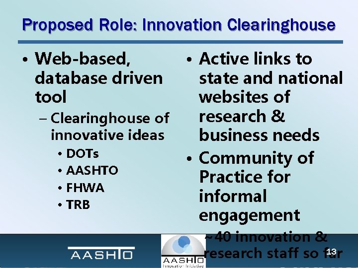 Proposed Role: Innovation Clearinghouse • Web-based, database driven tool • Active links to state