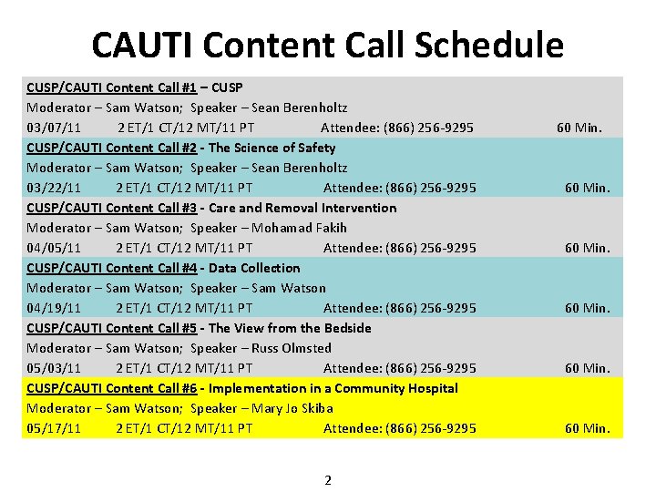 CAUTI Content Call Schedule CUSP/CAUTI Content Call #1 – CUSP Moderator – Sam Watson;