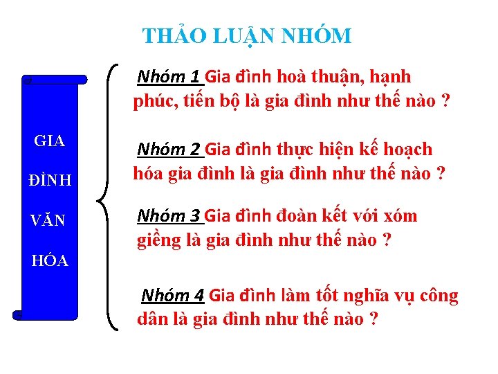 THẢO LUẬN NHÓM Nhóm 1 Gia đình hoà thuận, hạnh phúc, tiến bộ là