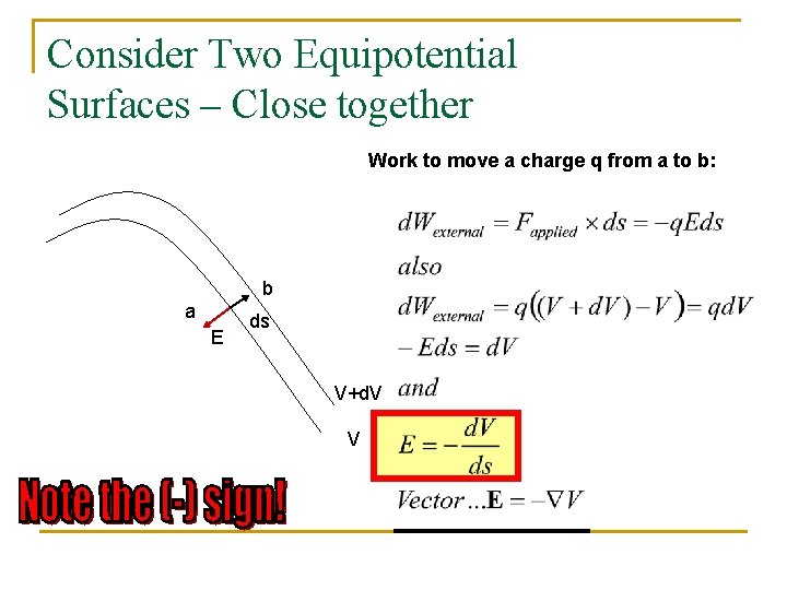 Consider Two Equipotential Surfaces – Close together Work to move a charge q from
