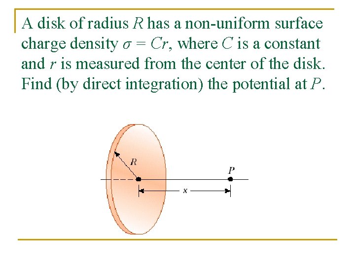 A disk of radius R has a non-uniform surface charge density σ = Cr,