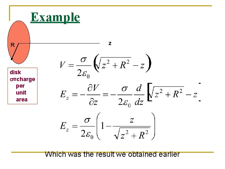 Example R z disk s=charge per unit area Which was the result we obtained