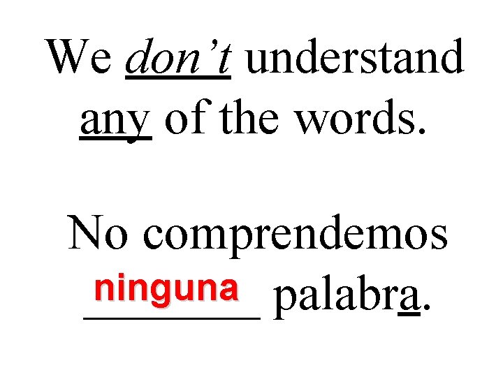 We don’t understand any of the words. No comprendemos ninguna palabra. _______ We don’t understand any of the words. No comprendemos ninguna palabra. _______
