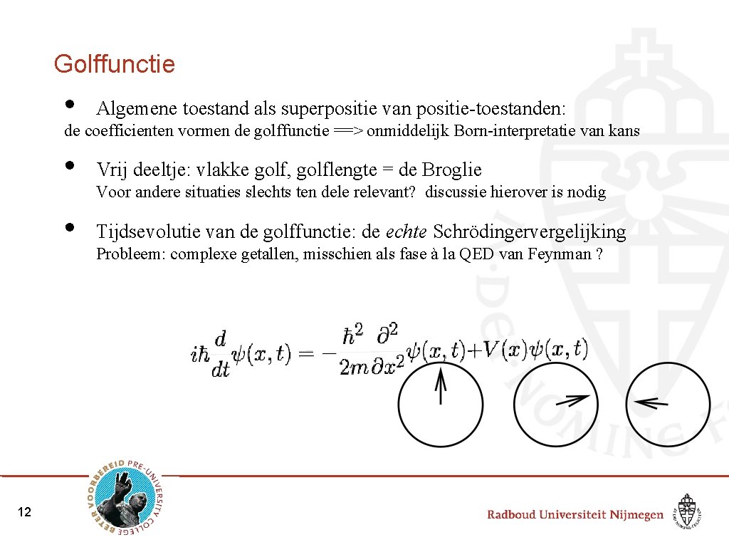 Golffunctie • Algemene toestand als superpositie van positie-toestanden: • Vrij deeltje: vlakke golf, golflengte