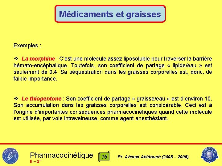 Médicaments et graisses Exemples : v La morphine : C’est une molécule assez liposoluble