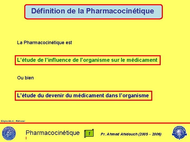 Définition de la Pharmacocinétique La Pharmacocinétique est L’étude de l’influence de l’organisme sur le