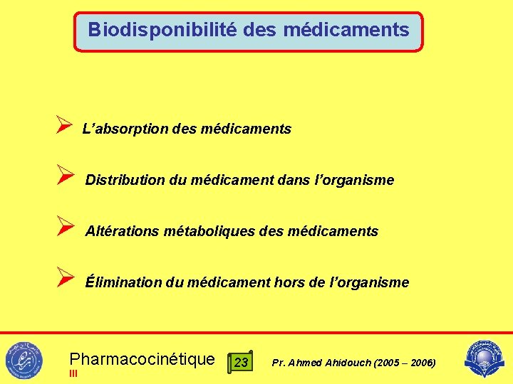Biodisponibilité des médicaments Ø L’absorption des médicaments Ø Distribution du médicament dans l’organisme Ø