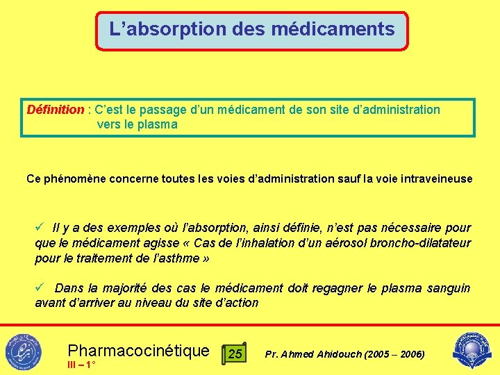 L’absorption des médicaments Définition : C’est le passage d’un médicament de son site d’administration