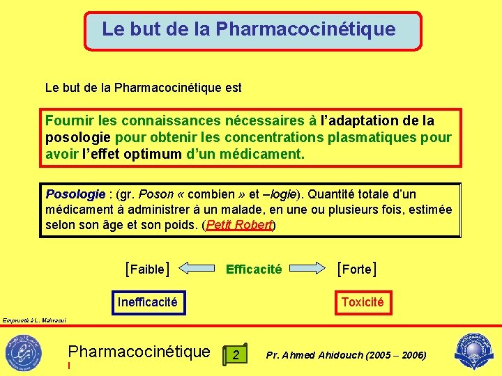 Le but de la Pharmacocinétique est Fournir les connaissances nécessaires à l’adaptation de la