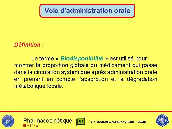 Voie d’administration orale Définition : Le terme « Biodisponibilité » est utilisé pour montrer
